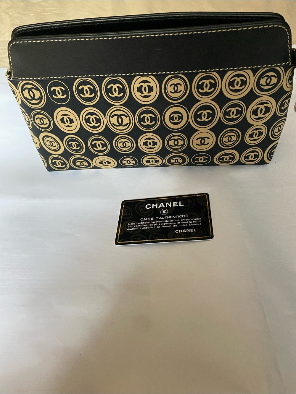 Authentic Chanel vintage Black and beige fabric zip clutch